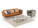 553 - La composizione comprende un divano lineare 3 posti in tessuto arancione ed una poltroncina in tessuto grigio.
Entrambi i complementi sono caratterizzati da un design sottile e da uno stile contemporaneo, perfetti per un soggiorno giovane e di personalità.
Il divano e la poltroncina Moser sono dotati di una struttura avvolgente raccordata direttamente ai braccioli capace di offrire una seduta sostenuta e una morbida cuscinatura di schienale. Moser mod.B